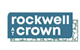 A blue and white logo for Rockwell at Crown.